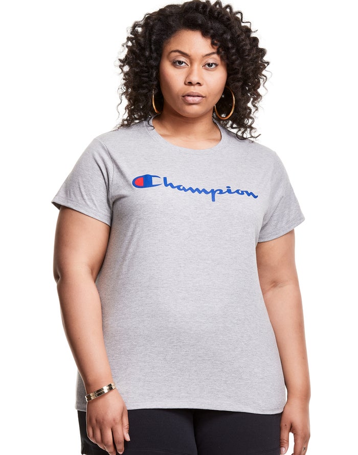 Champion Womens T-Shirt NZ - Plus Classic Script Logo Grey ( 2045-KDAQM )